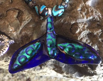 Whale Tail/ MERMAID Fused Glass Pendant With Beaded Necklace --Art Glass By YM
