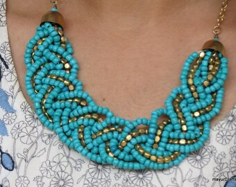 Turquoise Necklace, Statement Necklace, Bib Necklace, Choker Necklace, Collar Necklace, Braid Necklace, Bead Necklace, Bridesmaid necklace