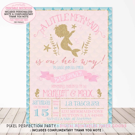 Mermaid Baby Shower Invitation Aqua Pink Gold Sparkle Baby