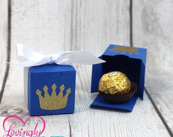 Small Favor Boxes in Royal Blue, Glitter Gold & White Prince - Set of 12 - Baby Shower, Birthday Party, First Birthday - Little Prince