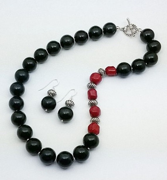Natural Onyx and Red Coral Necklace & Earrings