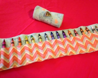 Crayon Roll Up Holder Case Hedgehogs Hearts Handmade Holds 16 Crayons