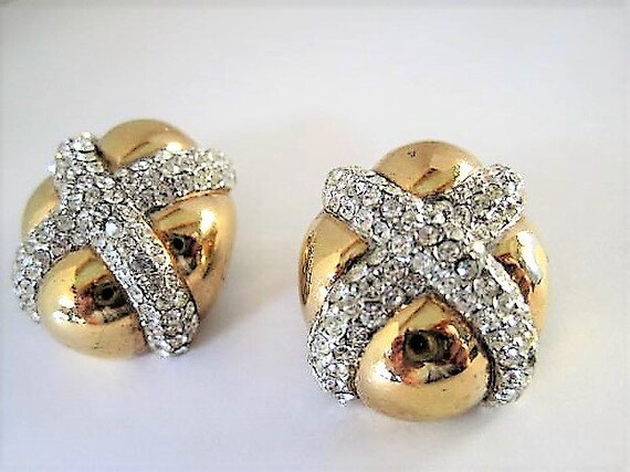 Ciner Earrings, Pave Rhinestone, Large X on Gold Tone Metal, Clip Ons