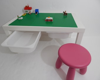 Large Brick Building Storage Table 30"x 20" Green Building Surface on White Table, 1 Stool