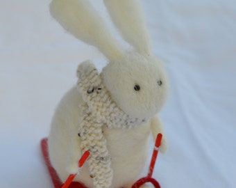 Needle Felt Rabbit Skiing and Wearing Scarf, Handmade,Bunny,Hare,Woodland,Needlefelt,Animal,Soft Sculpture,OOAK,Winter,Miniature