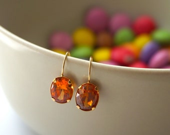 14K Gold Earrings, Orange Earrings, Gift For Her, Gold Drop Earrings, Oval Earrings, Spring Jewelry, Cz Earrings, Elliptical Earrings
