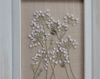 Silk Ribbon Embroidery Queen Ann's Lace Hand Stitched on beige Linen 5" x 7" White Wood Frame