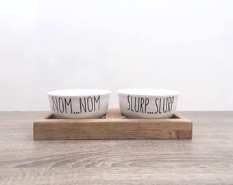 Pet Bowls | Dog Dishes | Funny Pet Bowls | Pet Feeding Station | Gifts for Pets | Small Dog Bowls | Nom Nom Slurp Slurp | White Pet Bowls
