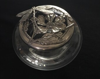 Vintage Dragonfly Vanity Box, Glass Powder Jar, Powder Puff Box, Cosmetic Jar, Glass Jewellery Box, Decorative Box, Jewellery Storage
