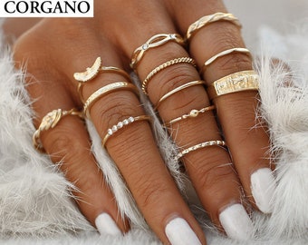 Gold Ring Set - Stacking Ring Set - Midi Ring Set for Women - 12 Ring Set - Gold Colored Alloy