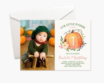 Our Little Pumpkin Invitation Girl First Birthday Invitation Photo Invitation Fall Birthday Party Invite Boho Printable Invitation Halloween