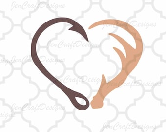 Interlocking Hook and Antler svg Heart Cutting File Set in Svg, eps, dxf and PNG Format for Cricut and Silhouette, Hunting Fishing