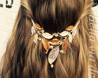 Hair Jewelry, Hair Accessory, Tribal Head Chain, Brown Vintage Hippie Head Piece. Boho Hair Band, Leaf Design