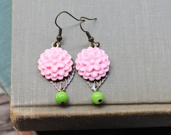Flower Cabochon Earrings in Rich Pastel Pink w/filigree leaf and green beads