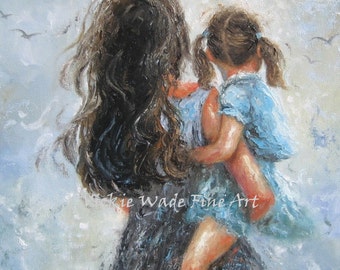 Mother Daughter Art Print, mother paintings, mom, little brunette girl, mother's day gift, girls room, blue gray wall decor, Vickie Wade