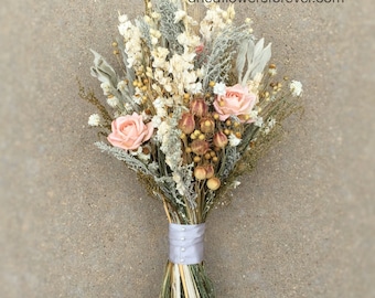 Peach Dried Flower Wedding Bouquet - Preserved Natural Bridal Bouquets - grey herbs gray woodland rustic - VINTAGE WILDFLOWER COLLECTION
