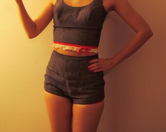 1960s two piece Chambray bathing/ play suit | Beach Party play suit