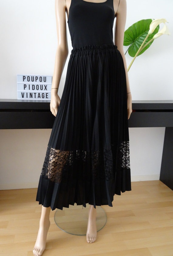 Jupe vintage longue noire plissée / dentelle taille 38 uk 10