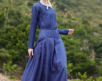 linen skirt with pockets, maxi skirt, long pleated skirt, blue skirt, floor length skirt, long linen skirt, boho skirt, bridesmaid skirt