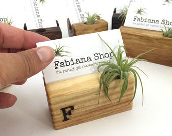Business Card Holder, Desk Decor, Office Decor, Recipe Card Holder With Air Plant, Upcycled, 1 Character Personalized, Air Plant Desk.