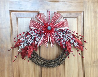 Christmas wreaths, holiday wreaths, red wreaths, pinecone wreaths, pinecone flowers, 8 inch wreaths, grapevine wreaths, Christmas decor