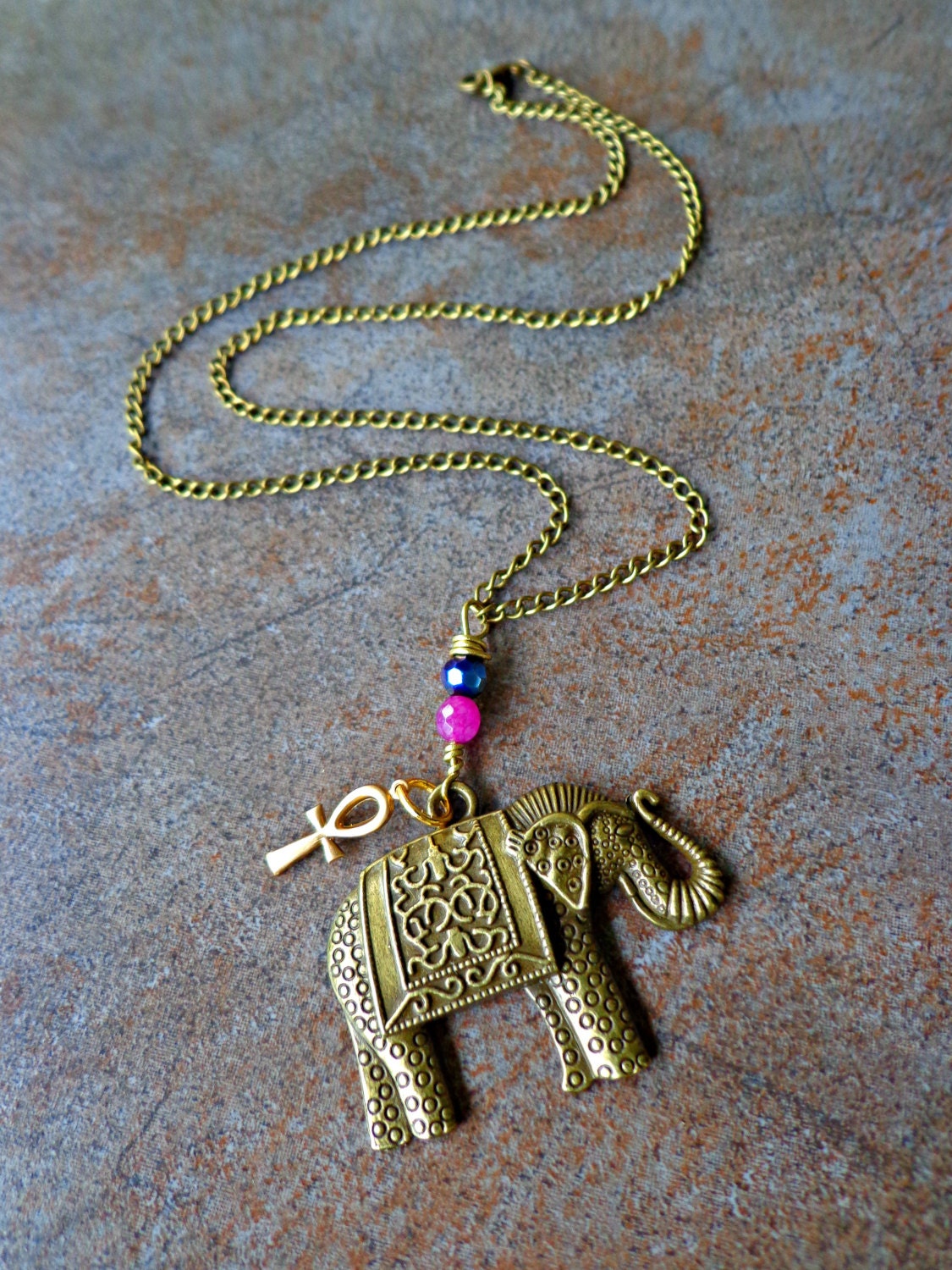 Antiqued Bronze Gemstone Elephant Necklace with Ankh Bohemian