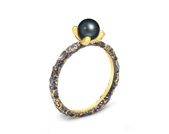 Black Pearl Stackable Ring - 925 Silver Ring, Silver Jewelry, Black Pearl Jewelry, Black Pearl Ring, Black Pearl Silver Ring | Rough Marl