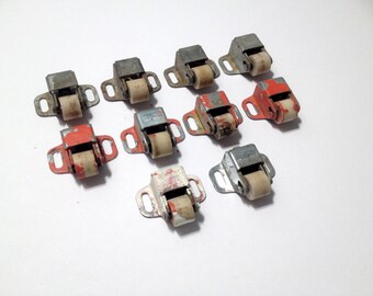 10 vintage Door Latch Roller Wheels with Chippy Paint on Metal Casings, 1 2/8 x 1 inches, Construction, Replacement or Craft Art