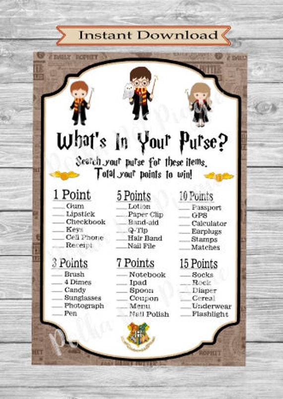 wizard kids harry potter whats in your purse baby shower