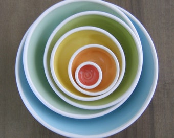 Large Rainbow Nesting Bowls, Ceramic Pottery Stoneware Serving Set, Wedding Gift, Stacking Bowls, Anniversary Gift