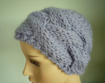 Pale blue hand knit cabled hat, wool and alpaca