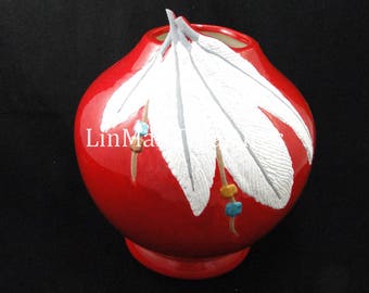 Red Ceramic Feather Vase