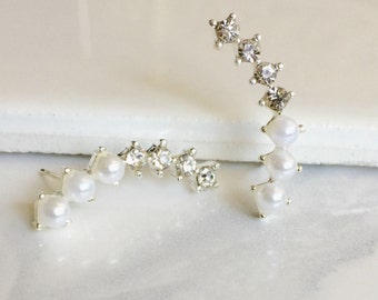 Silver Pearl Stud Earrings, Crystal Earrings, Romantic Earrings
