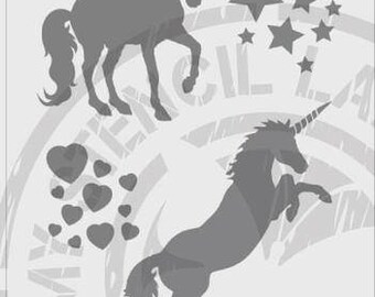 Unicorn Stars Hearts Stencil #722
