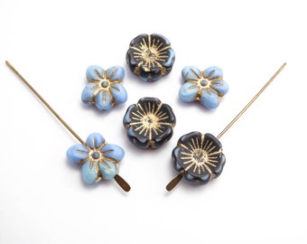 Blue Mix Glass Flower Czech Glass Beads, (6 pcs) Blue Flower Beads, Blue Hawaiian Flower Beads, Daisy Beads, Pansy Beads FLW0317