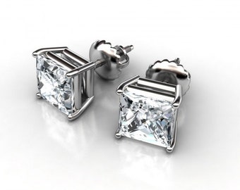 1ct Princess Diamond Stud Earrings, Square diamond earrings, yellow gold diamond studs, white gold diamond earrings, princess diamond studs