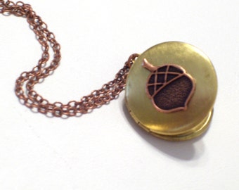 Little Acorn Locket, Graduation Gift, Copper Brass Locket, Two Tone Locket Pendant Necklace, Mixed Metals Necklace, Acorn Jewelry