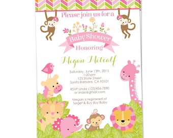 Pink Safari Baby Shower Invitation for Girl in Pink, Safari Animals Baby Shower Invite, Jungle Themed Baby Shower- Printed or Digital