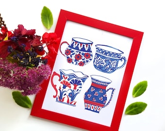 Tea cups print - 8x10 Iznik Multani traditional tea cups - mother's day gift - blue pottery - blue red teacups