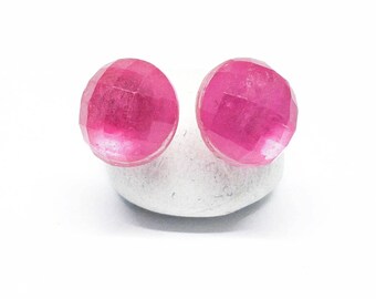 Pink Sapphire Gemstone, 8mm Round Earrings, Sterling Silver Posts Studs Earrings, Bright Pink Posts, Free Shipping, September Stone, E18014