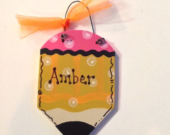 Personalized Wooden Teacher Pencil Winter Tree Ornament - Your Name - Christmas Holiday - Hand Painted Wood - School Ribbon Bow