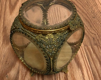 Vintage Gold Ormolu Jewelry Casket Beveled Glass Filigree Box Matson Stylebuilt