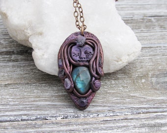 WISDOM .:. OOAK Labradorite and Amethyst shimmering clay necklace, Vintaj brass 24" chain - Mother Goddess, Sophia, Moon Goddess, Amulet