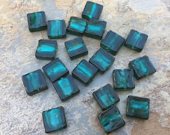 Square Teal Beads, Glass Teal Beads, 12mm, 20 beads per package