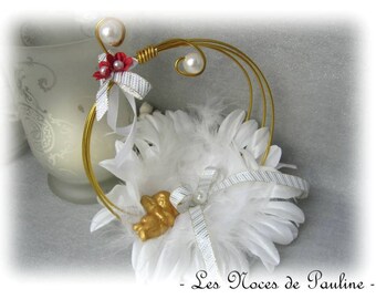 Ring bearer white, red and gold rings feathers and Angel