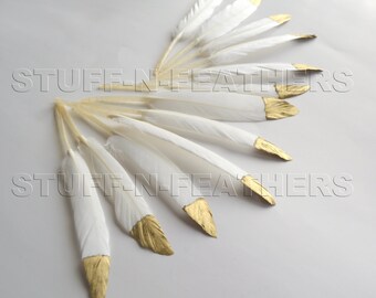 GOLD dipped feathers natural white, metallic gold hand painted loose duck feathers gold tip / 4.5-6 in (11.5-15 cm) long, 12 pcs /F120-4.5G