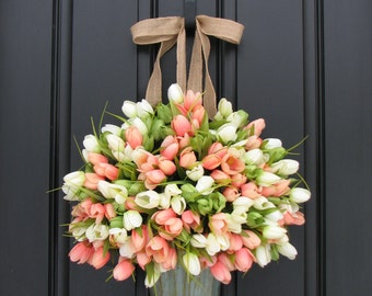 Tulips Farmhouse Door Wreaths Tulips Mother's Day Wreath Easter Wreaths Easter Tulips Trending Wreaths Shabby Chic Decor