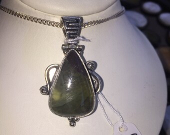 Moss prehnite and silver pendant