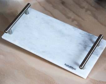 Marble Vanity Or Serving Tray With Stainless Steel Handles - White and Gray Marble Tray - Elegant Gift - Home and Living
