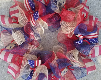 4th July Wreath, Patriotic Wreath, USA Wreath, Rustic Wreath, Memorial Day Wreath, Deco Mesh Wreath, Ribbon Wreath, Flag Wreath, Jute Mesh